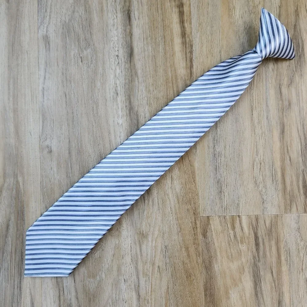 💜Silver & Gray Striped Pre-Tied Clip-on Tie Youth Large 12/14
